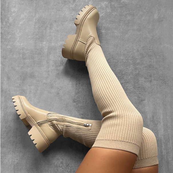 Issak Nude Knit Chunky Thigh High Boots | SIMMI London