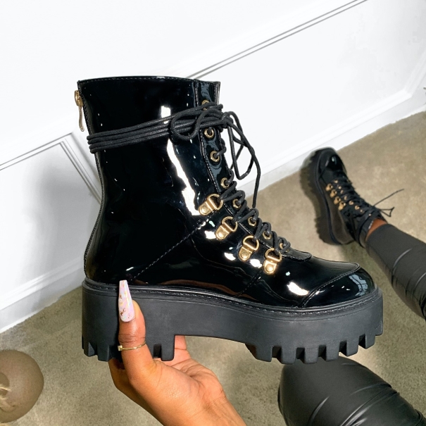 Cameo Black Patent Chunky Lace Up Ankle Boots
