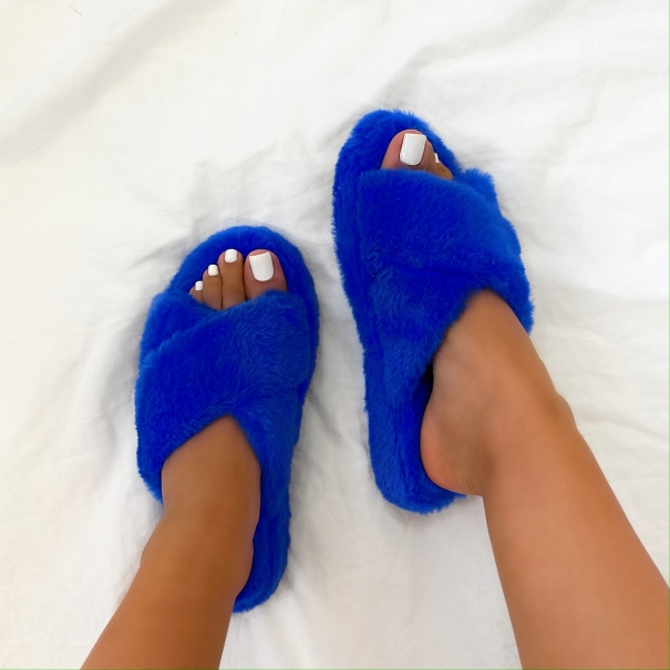 Camila Blue Fluffy Faux Fur Cross Strap Slippers | SIMMI London
