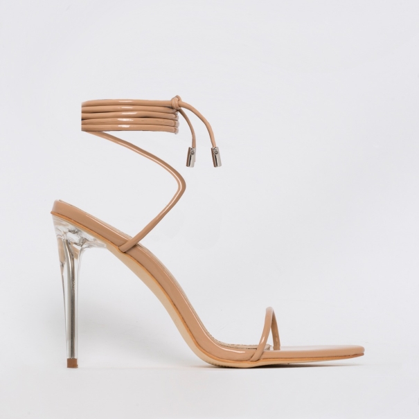 Gemini Nude Patent Lace Up Clear Heels