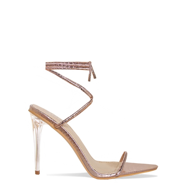 Gemini Rose Gold Snake Lace Up Clear Heels
