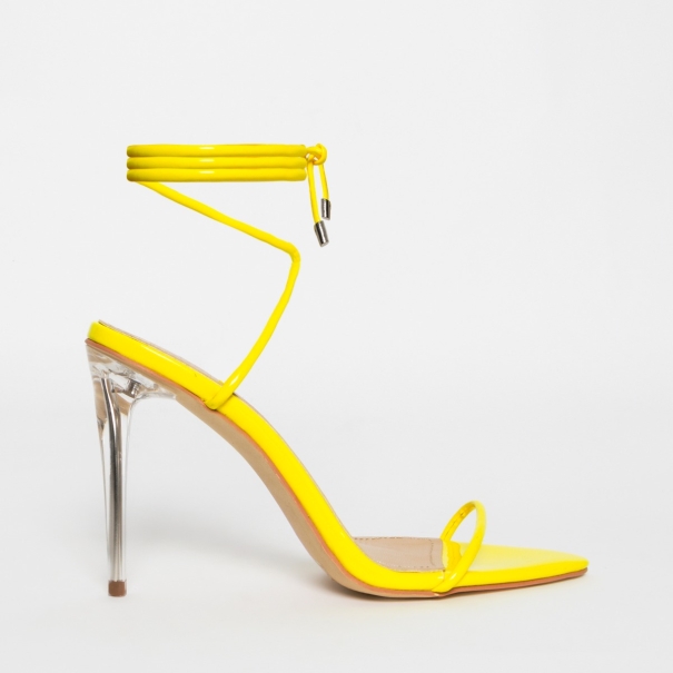 Gemini Yellow Patent Lace Up Clear Heels