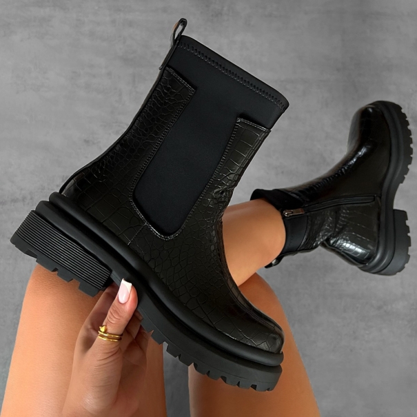 Chayenne Black Faux Croc Print Lycra Chunky Ankle Boots | SIMMI London