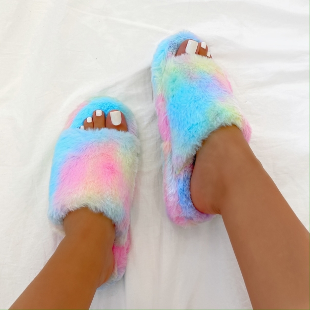 SIMMI SHOES / CLAUDIA TIE DYE FLUFFY FAUX FUR SLIPPERS