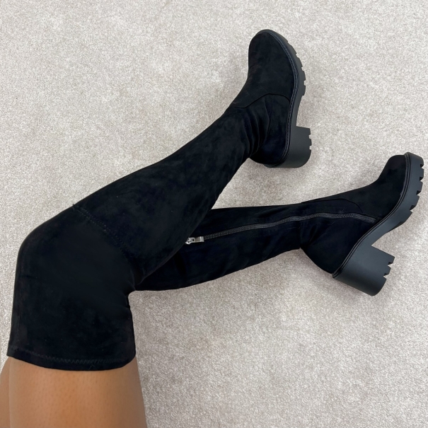Clinton Black Suedette Heeled Chunky Thigh High Boots | SIMMI London