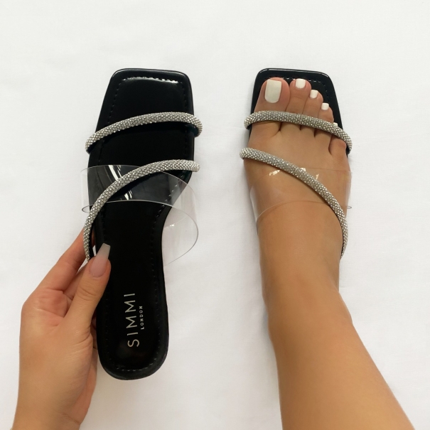 Cody Black Patent Clear Diamante Asymmetric Strap Sandals | SIMMI London
