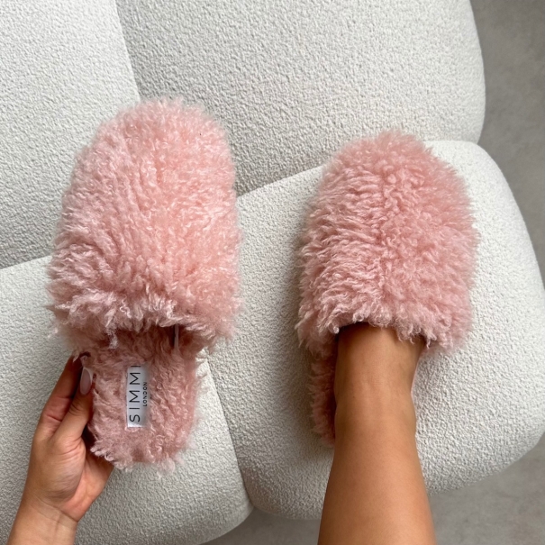 Floof Light Pink Curly Faux Fur Slippers | SIMMI London