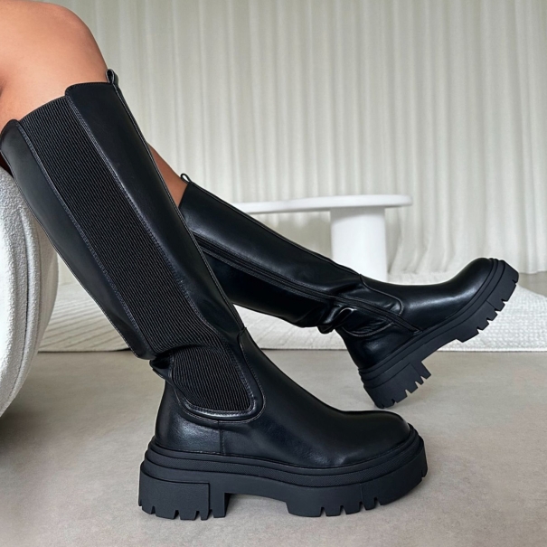 Tommo Black Flat Chunky Knee High Boots | SIMMI London