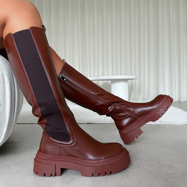 Tommo Tan Flat Chunky Knee High Boots | SIMMI London