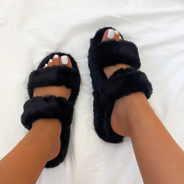 SIMMI SHOES / COURTNEY BLACK FLUFFY FAUX FUR DOUBLE STRAP SLIPPERS