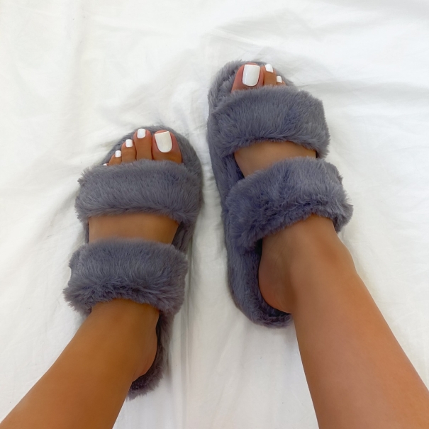 SIMMI SHOES / COURTNEY GREY FLUFFY FAUX FUR DOUBLE STRAP SLIPPERS