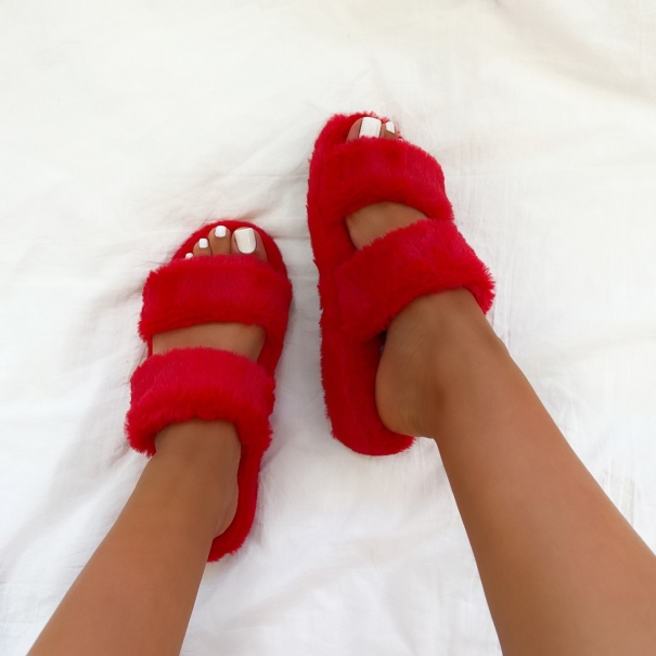 SIMMI SHOES / COURTNEY RED FLUFFY FAUX FUR DOUBLE STRAP SLIPPERS