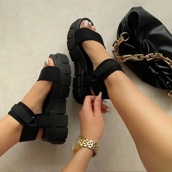 SIMMI Shoes / Lourdes Black Sporty Flatform Sandals