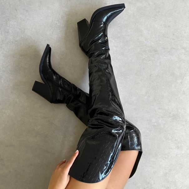 Gianni Black Patent Faux Croc Thigh High Western Boots | SIMMI London