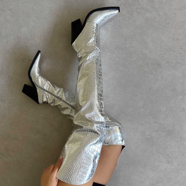Gianni Silver Metallic Faux Croc Thigh High Western Boots | SIMMI London