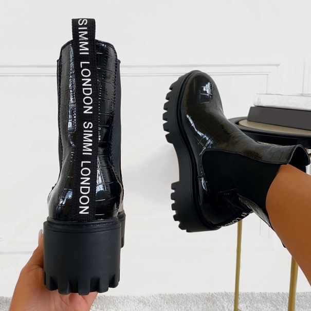 SIMMI SHOES / Danika Black Patent Faux Croc Print Chunky Platform Ankle Boots