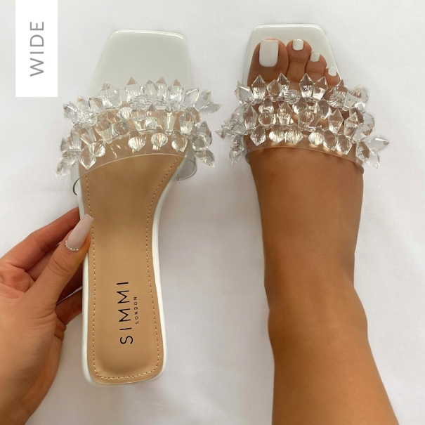 Darcy Wide Fit White Patent Clear Gem Detail Sandals | SIMMI London