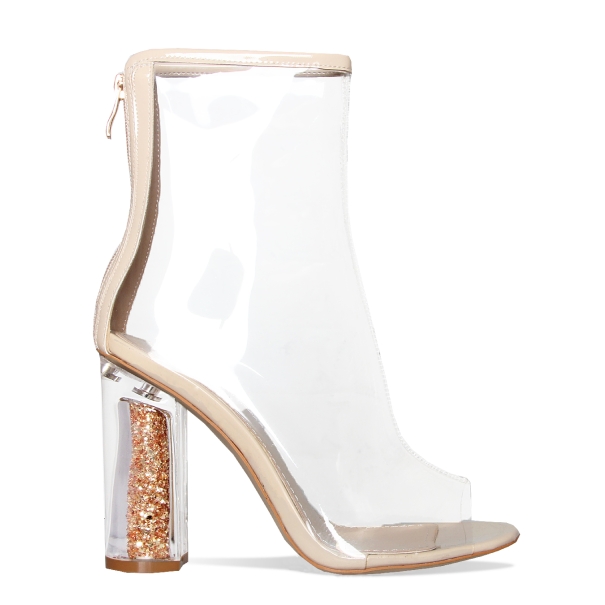 Mila Nude Perspex Glitter Heel Ankle Boots