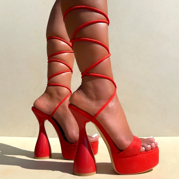 Dream On Red Suedette Sculptured Lace Up Platform Heels | SIMMI London