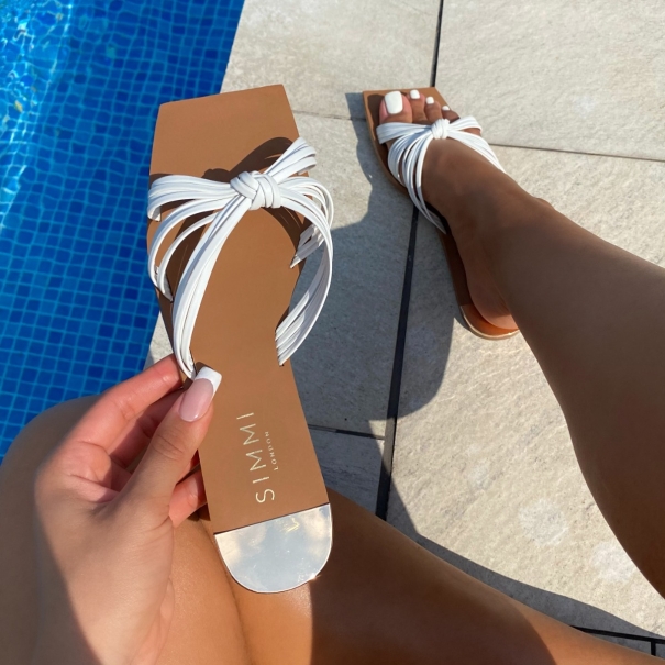 SIMMI Shoes / Dulce White Knot Strap Flat Sandals