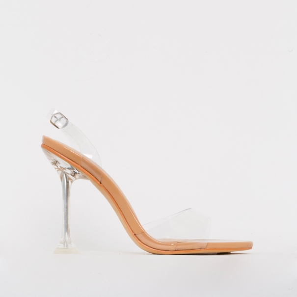 SIMMI SHOES / BELLE NUDE PATENT CLEAR SLINGBACK MULE HEELS