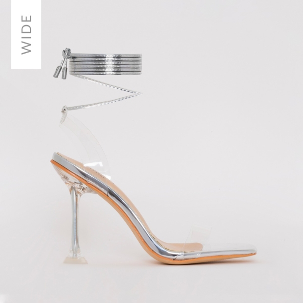 SIMMI SHOES / LENOR WIDE FIT SILVER CLEAR TIE UP HEELS