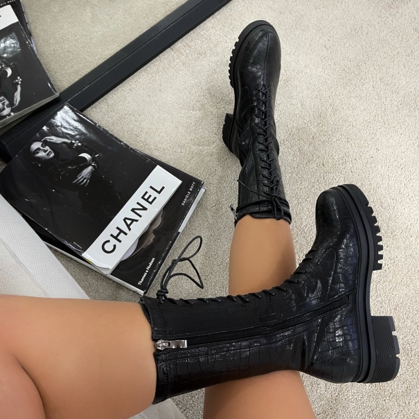 Ennis Black Faux Croc Print Lace Up Mid Calf Boots | SIMMI London
