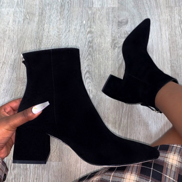 Simmi Shoes / Fabian Black Suede Pointed Toe Block Heel Ankle Boots