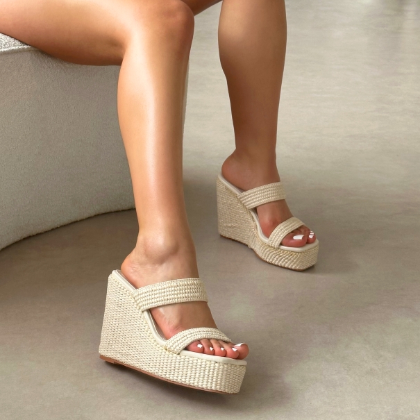 Neena Beige Raffia Wedge Sandals | SIMMI London