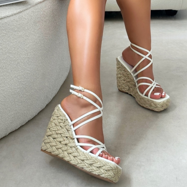 Akela White Pearlised Wedge Espadrille Sandals | SIMMI London