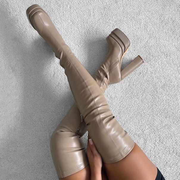 Marina Nude Double Platform Block Heel Thigh High Boots | SIMMI London