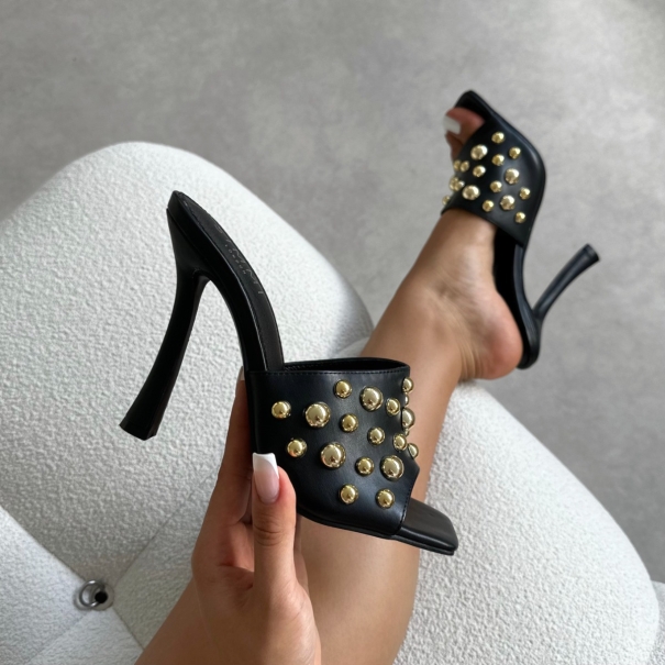 Opalle Black Heeled Mules With Gold Studs | SIMMI London