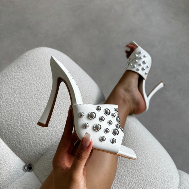 Opalle White Heeled Mules With Silver Studs | SIMMI London