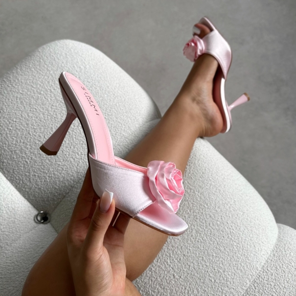 Emberley baby pink satin flower heeled sandals | SIMMI London