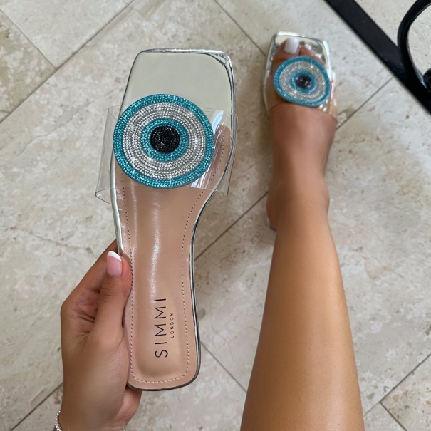 Clem Clear Silver Mirror Evil Eye Flat Sandals | SIMMI London