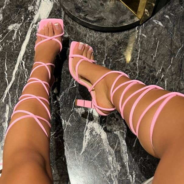 Katrina Baby Pink Cross Strap Lace Up Block Heels | SIMMI London