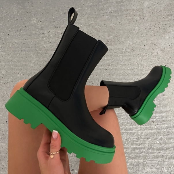 Joshua Black And Green Stretch Insert Chunky Ankle Boots | SIMMI London