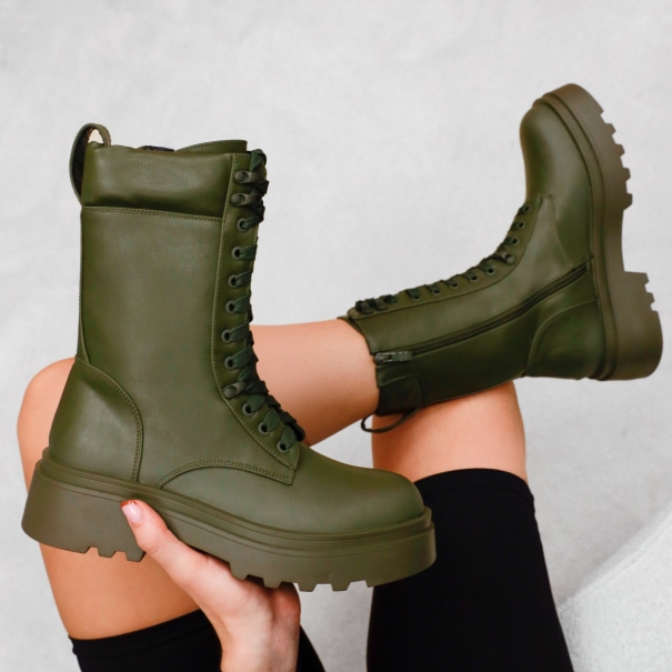 Storm Khaki Lace Up Chunky Ankle Boots | SIMMI London