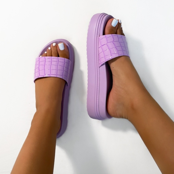 Fernanda Lilac Faux Croc Print Flatform Sandals | SIMMI London