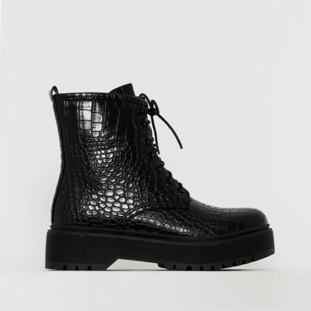 SIMMI SHOES / ROXY BLACK CROC PRINT CHUNKY LACE UP ANKLE BOOTS