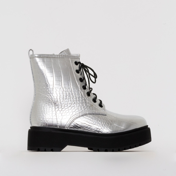 SIMMI SHOES / ROXY SILVER CROC PRINT CHUNKY LACE UP ANKLE BOOTS
