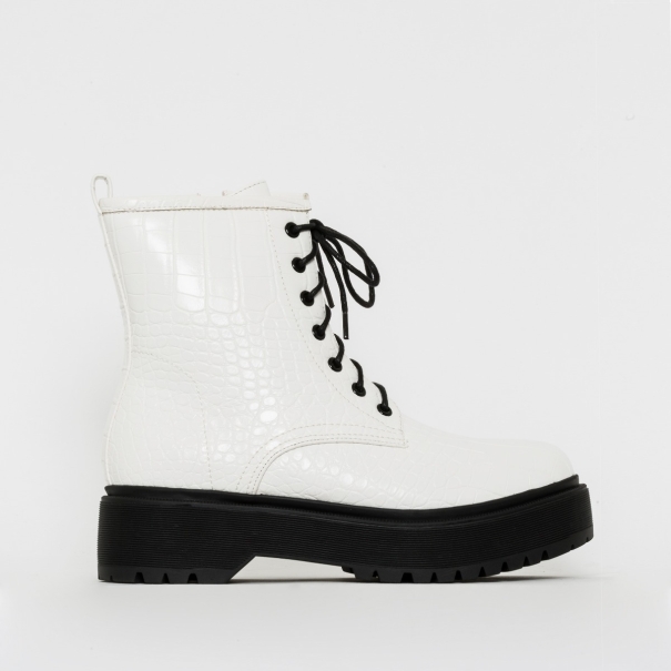 SIMMI SHOES / ROXY WHITE CROC PRINT CHUNKY LACE UP ANKLE BOOTS