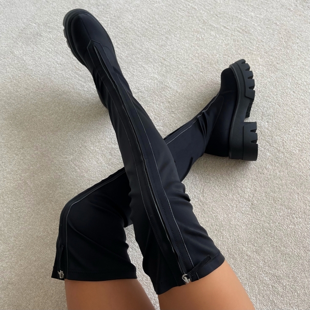 Flex Black Lycra Zip Chunky Thigh High Boots | SIMMI London