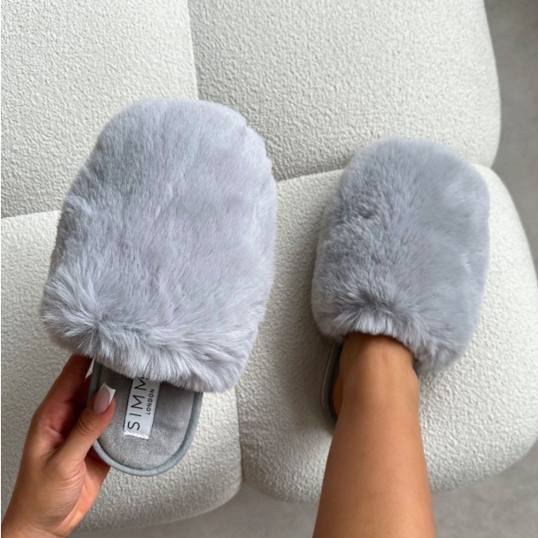 Fluff Grey Faux Fur Round Slippers | SIMMI London