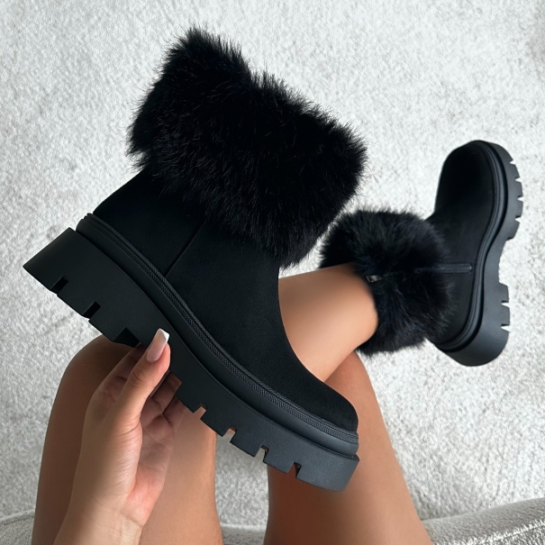 Finlay Black Faux Suede Fur Trimmed Ankle Boots | SIMMI London