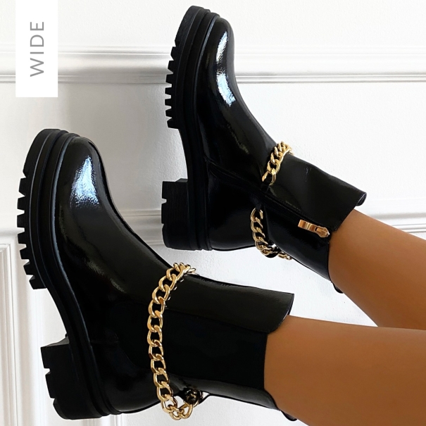SIMMI Shoes / Gaia Wide Fit Black Patent Chain Detail Chunky Ankle Boots