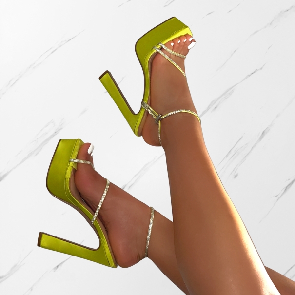 Gaiah Lime Satin Diamante Toggle Platform Heels | SIMMI London