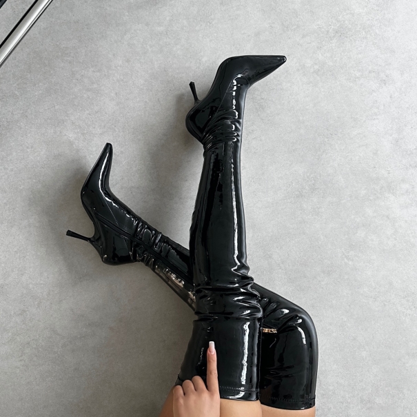 Vermont Black Patent Stretch Over The Knee Boots | SIMMI London