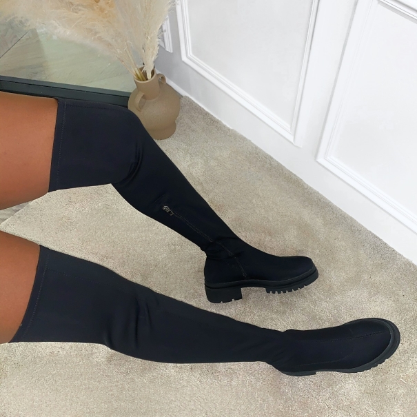 Simmi Shoes / Genesis Black Lycra Stretch Over The Knee Boots