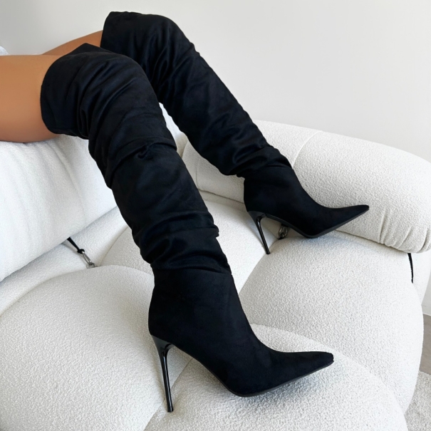 Gilton Black Faux Suede Ruched Over The Knee Thigh High Boots | SIMMI London